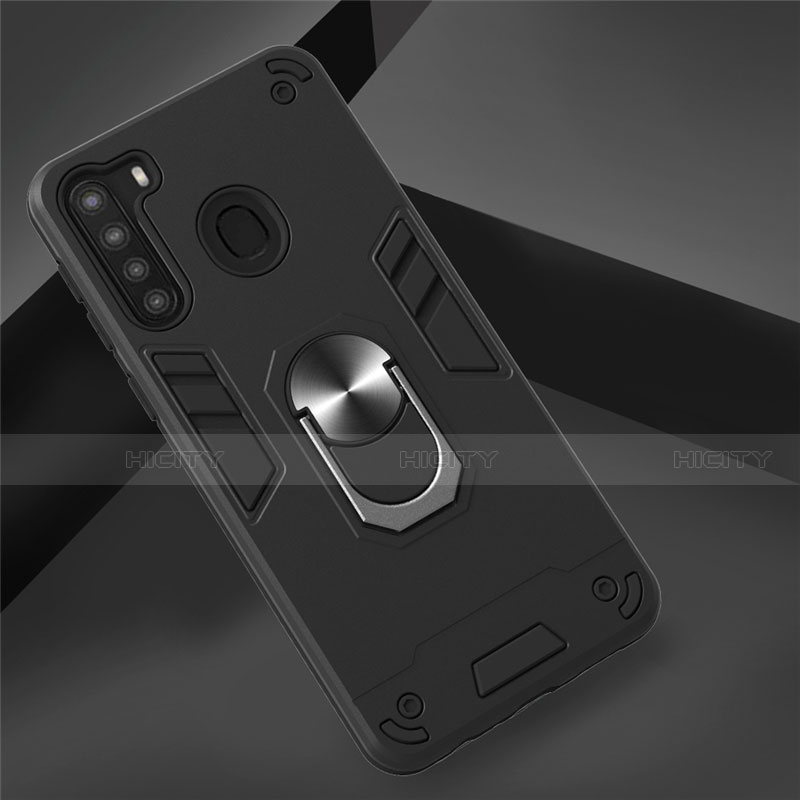 Coque Contour Silicone et Plastique Housse Etui Mat avec Magnetique Support Bague Anneau S01 pour Samsung Galaxy A21 Noir Plus