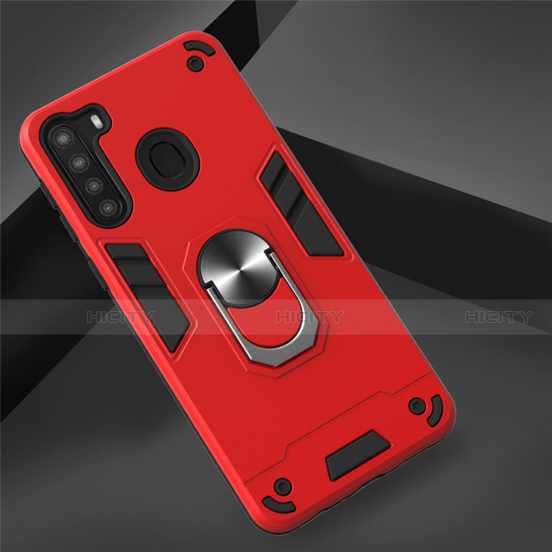 Coque Contour Silicone et Plastique Housse Etui Mat avec Magnetique Support Bague Anneau S01 pour Samsung Galaxy A21 Rouge Plus