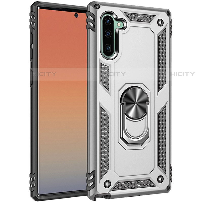 Coque Contour Silicone et Plastique Housse Etui Mat avec Magnetique Support Bague Anneau S01 pour Samsung Galaxy Note 10 5G Argent Plus