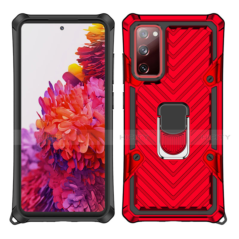 Coque Contour Silicone et Plastique Housse Etui Mat avec Magnetique Support Bague Anneau S01 pour Samsung Galaxy S20 FE 4G Rouge Plus