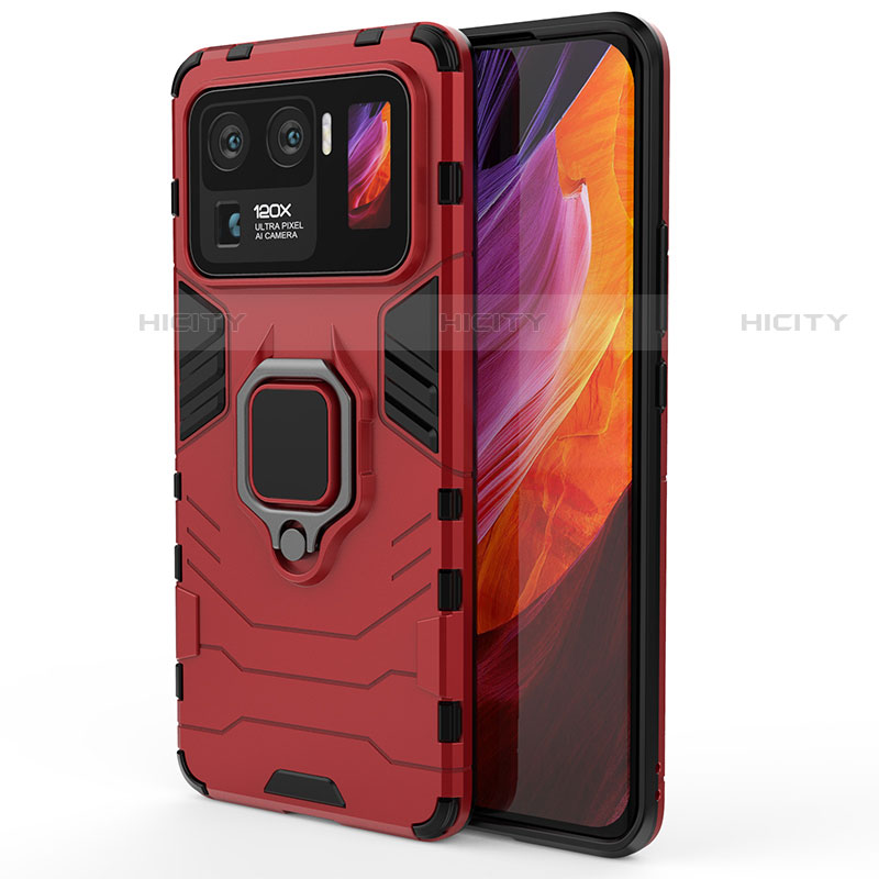 Coque Contour Silicone et Plastique Housse Etui Mat avec Magnetique Support Bague Anneau S01 pour Xiaomi Mi 11 Ultra 5G Rouge Plus