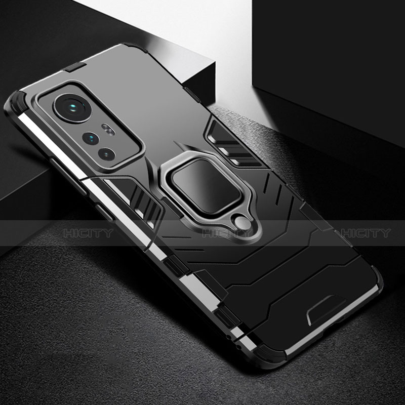 Coque Contour Silicone et Plastique Housse Etui Mat avec Magnetique Support Bague Anneau S01 pour Xiaomi Mi 12 5G Noir Plus