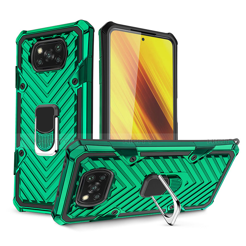 Coque Contour Silicone et Plastique Housse Etui Mat avec Magnetique Support Bague Anneau S01 pour Xiaomi Poco X3 Pro Vert Plus