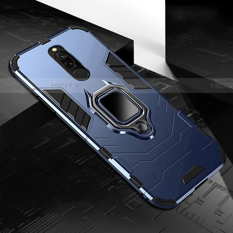 Coque Contour Silicone et Plastique Housse Etui Mat avec Magnetique Support Bague Anneau S01 pour Xiaomi Redmi 8 Bleu Plus