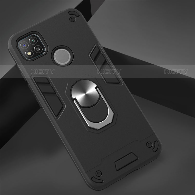 Coque Contour Silicone et Plastique Housse Etui Mat avec Magnetique Support Bague Anneau S01 pour Xiaomi Redmi 9 India Noir Plus