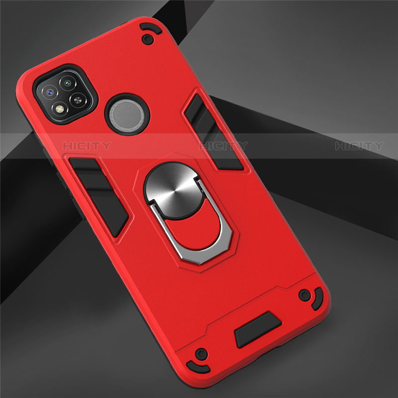 Coque Contour Silicone et Plastique Housse Etui Mat avec Magnetique Support Bague Anneau S01 pour Xiaomi Redmi 9 India Rouge Plus