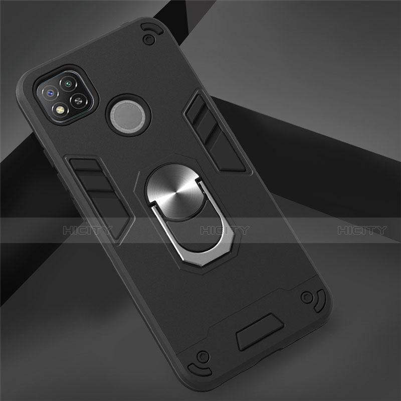 Coque Contour Silicone et Plastique Housse Etui Mat avec Magnetique Support Bague Anneau S01 pour Xiaomi Redmi 9C NFC Noir Plus