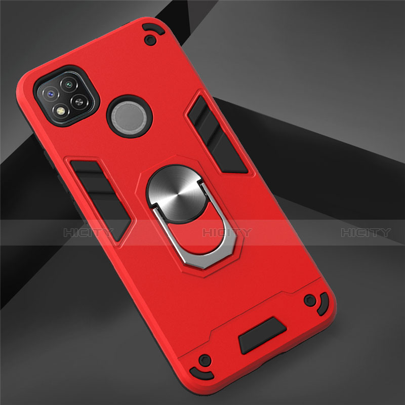 Coque Contour Silicone et Plastique Housse Etui Mat avec Magnetique Support Bague Anneau S01 pour Xiaomi Redmi 9C NFC Rouge Plus