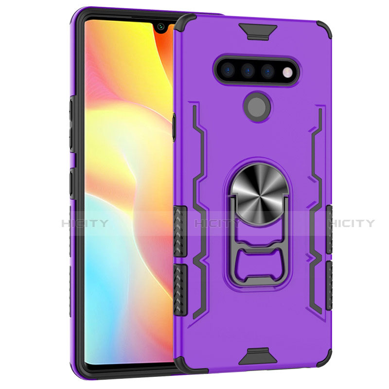 Coque Contour Silicone et Plastique Housse Etui Mat avec Magnetique Support Bague Anneau S02 pour LG Stylo 6 Violet Plus