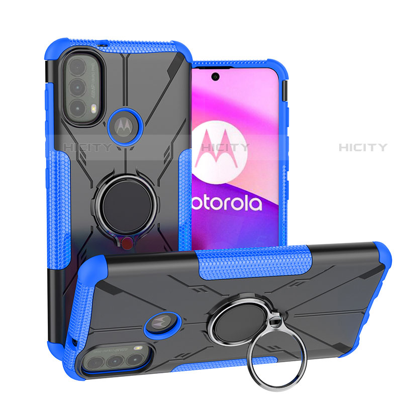 Coque Contour Silicone et Plastique Housse Etui Mat avec Magnetique Support Bague Anneau S02 pour Motorola Moto E20 Bleu Plus