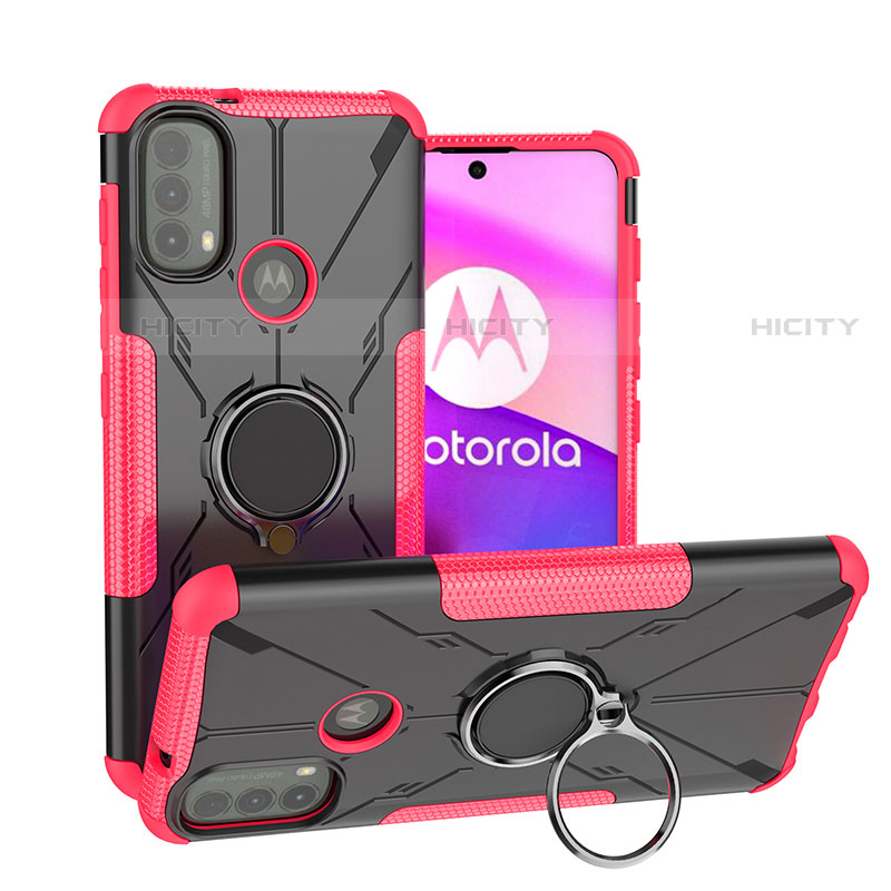 Coque Contour Silicone et Plastique Housse Etui Mat avec Magnetique Support Bague Anneau S02 pour Motorola Moto E30 Rose Rouge Plus