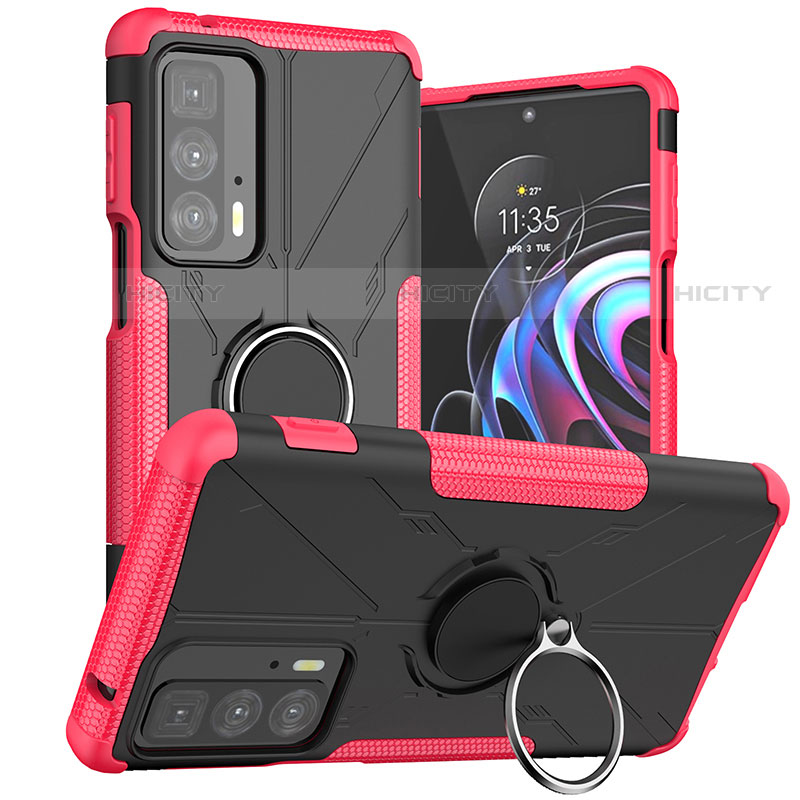 Coque Contour Silicone et Plastique Housse Etui Mat avec Magnetique Support Bague Anneau S02 pour Motorola Moto Edge 20 Pro 5G Rose Rouge Plus