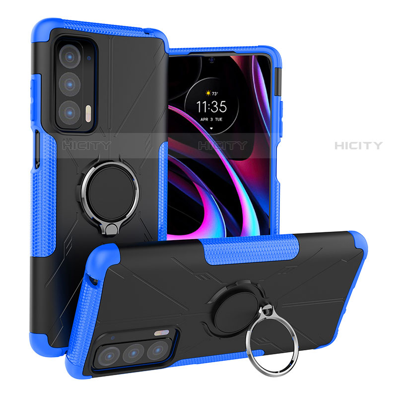 Coque Contour Silicone et Plastique Housse Etui Mat avec Magnetique Support Bague Anneau S02 pour Motorola Moto Edge (2021) 5G Bleu Plus