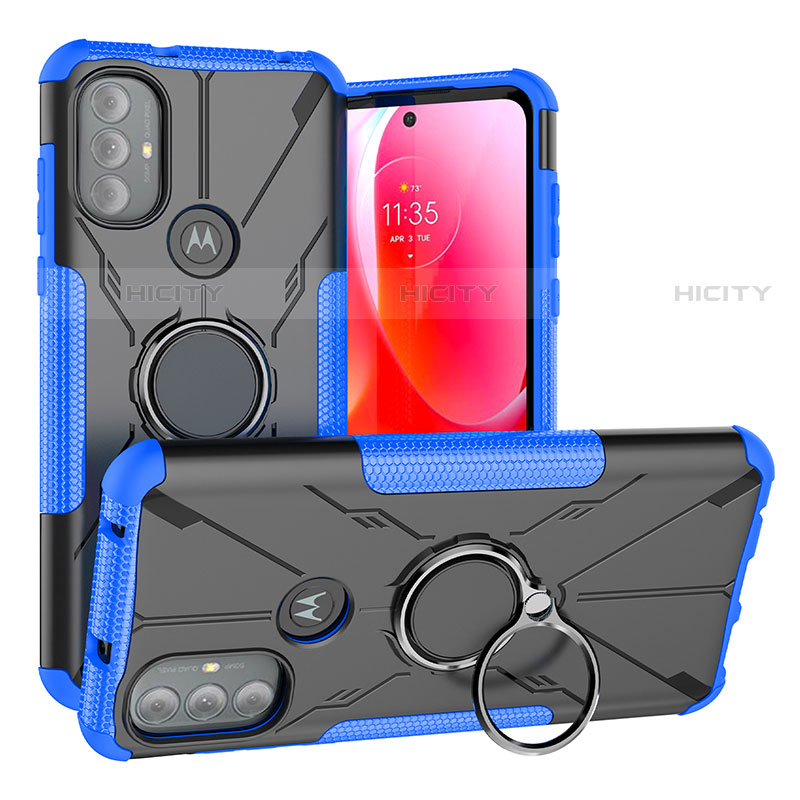 Coque Contour Silicone et Plastique Housse Etui Mat avec Magnetique Support Bague Anneau S02 pour Motorola Moto G Play (2023) Bleu Plus