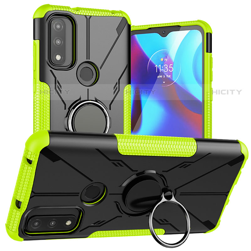 Coque Contour Silicone et Plastique Housse Etui Mat avec Magnetique Support Bague Anneau S02 pour Motorola Moto G Pure Vert Plus