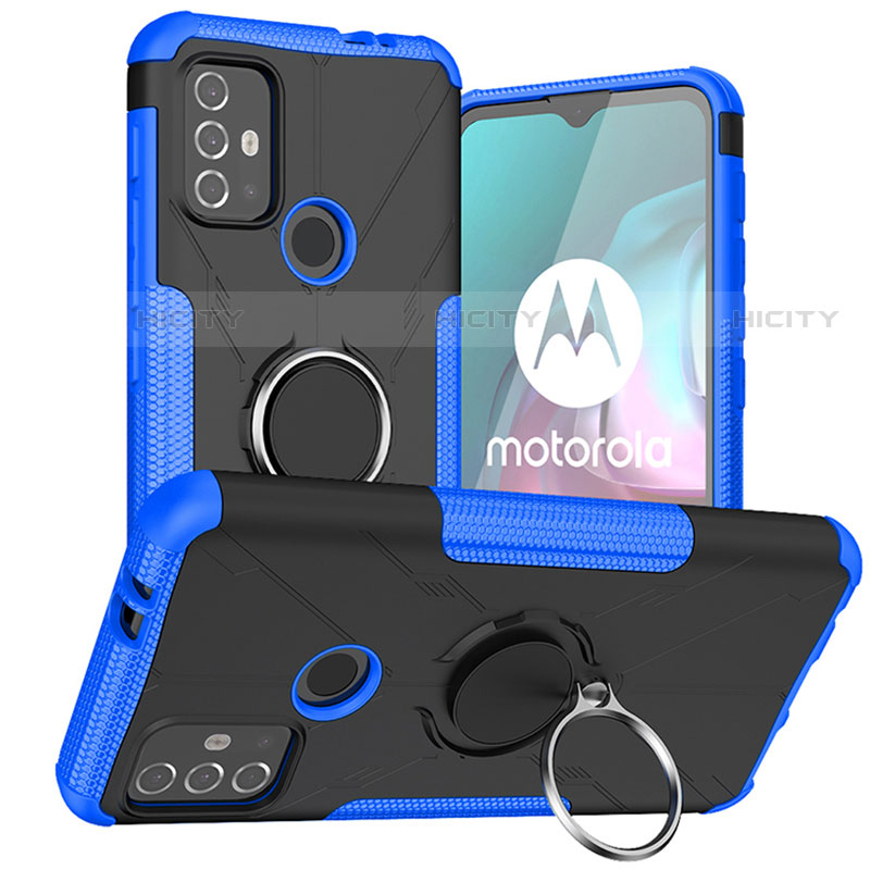 Coque Contour Silicone et Plastique Housse Etui Mat avec Magnetique Support Bague Anneau S02 pour Motorola Moto G10 Power Bleu Plus