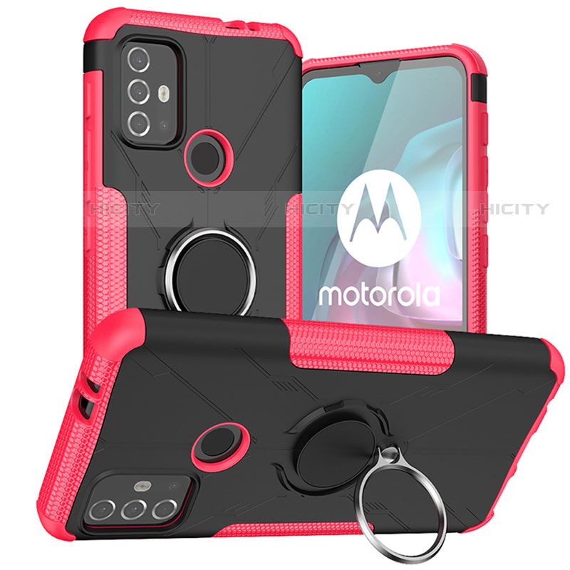 Coque Contour Silicone et Plastique Housse Etui Mat avec Magnetique Support Bague Anneau S02 pour Motorola Moto G10 Power Rose Rouge Plus