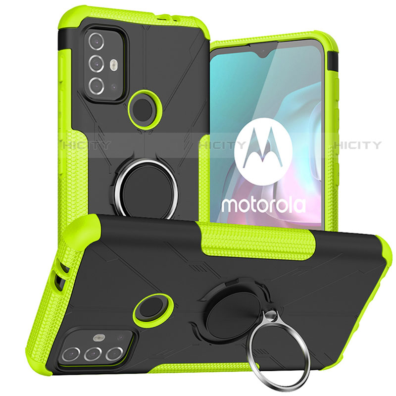 Coque Contour Silicone et Plastique Housse Etui Mat avec Magnetique Support Bague Anneau S02 pour Motorola Moto G10 Power Vert Plus
