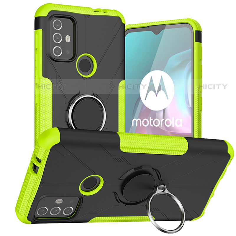 Coque Contour Silicone et Plastique Housse Etui Mat avec Magnetique Support Bague Anneau S02 pour Motorola Moto G10 Vert Plus