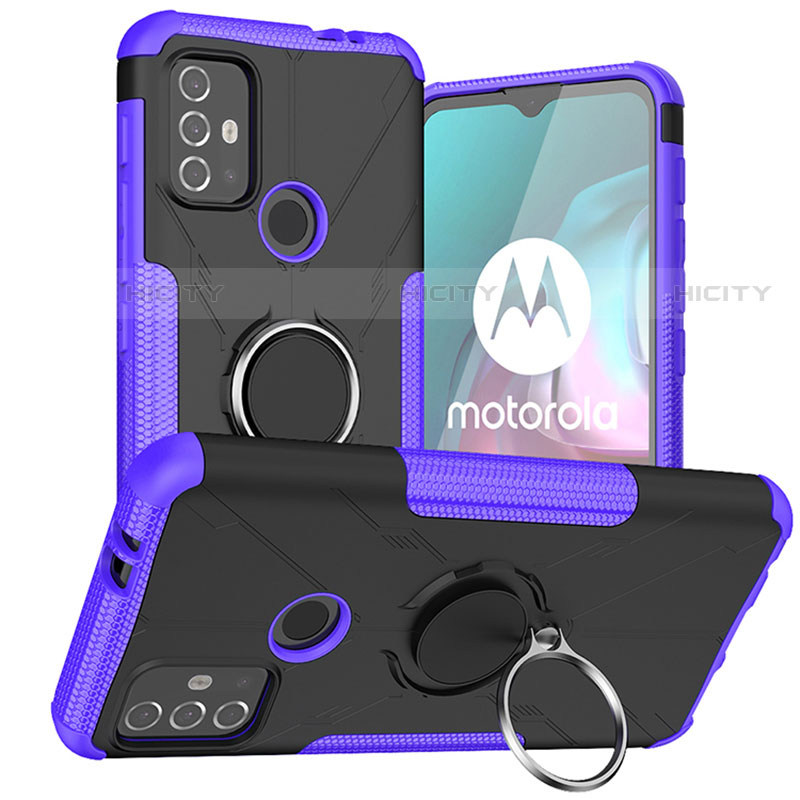 Coque Contour Silicone et Plastique Housse Etui Mat avec Magnetique Support Bague Anneau S02 pour Motorola Moto G30 Violet Plus