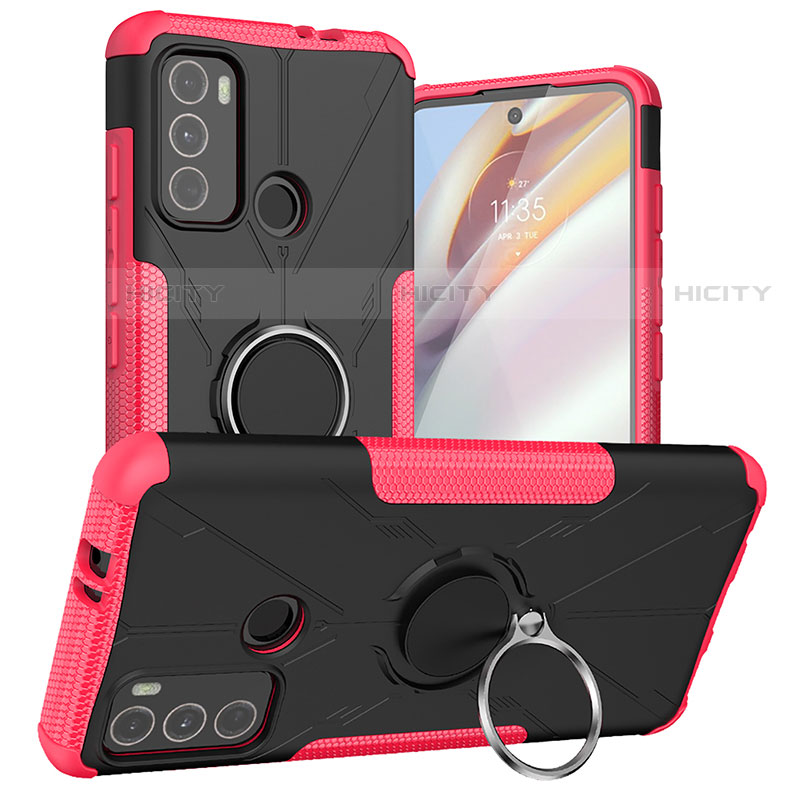 Coque Contour Silicone et Plastique Housse Etui Mat avec Magnetique Support Bague Anneau S02 pour Motorola Moto G40 Fusion Rose Rouge Plus