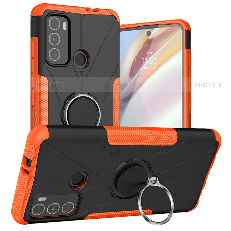 Coque Contour Silicone et Plastique Housse Etui Mat avec Magnetique Support Bague Anneau S02 pour Motorola Moto G60 Orange Plus
