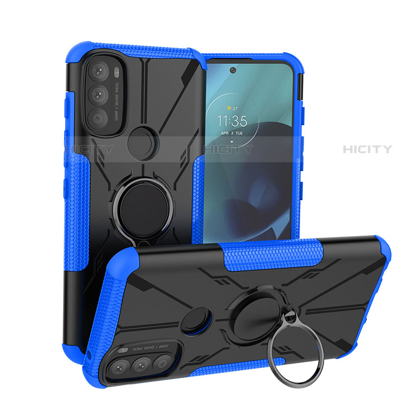 Coque Contour Silicone et Plastique Housse Etui Mat avec Magnetique Support Bague Anneau S02 pour Motorola Moto G71 5G Bleu Plus