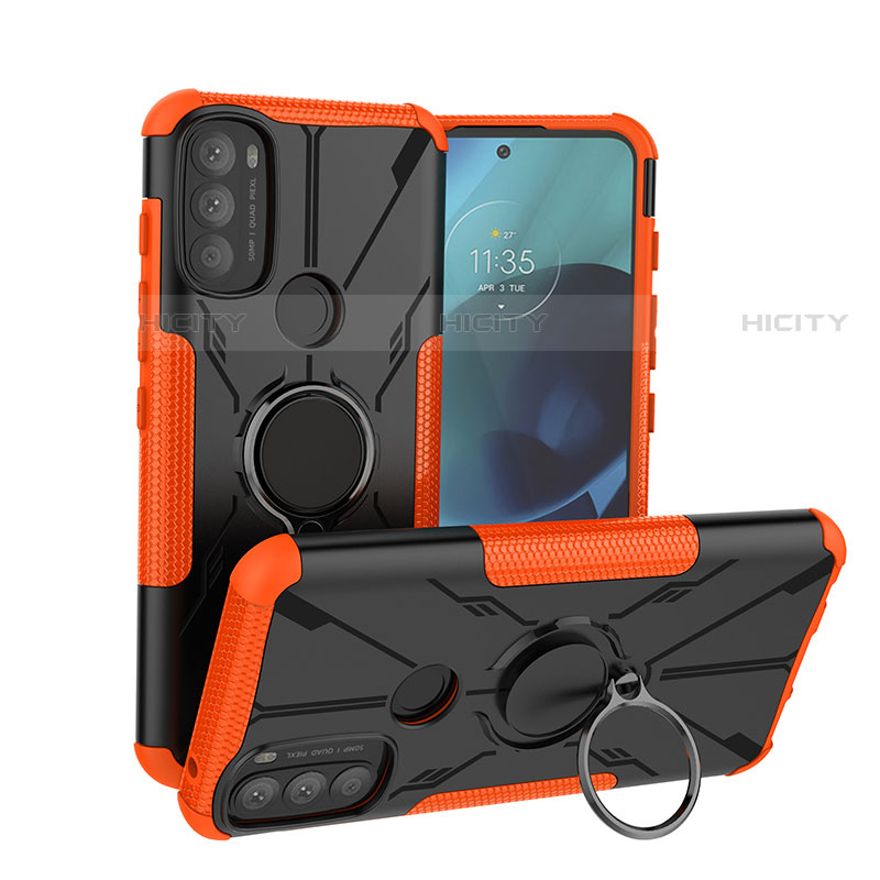 Coque Contour Silicone et Plastique Housse Etui Mat avec Magnetique Support Bague Anneau S02 pour Motorola Moto G71 5G Orange Plus