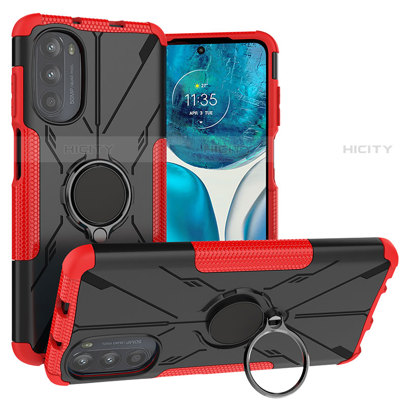 Coque Contour Silicone et Plastique Housse Etui Mat avec Magnetique Support Bague Anneau S02 pour Motorola Moto G71s 5G Rouge Plus