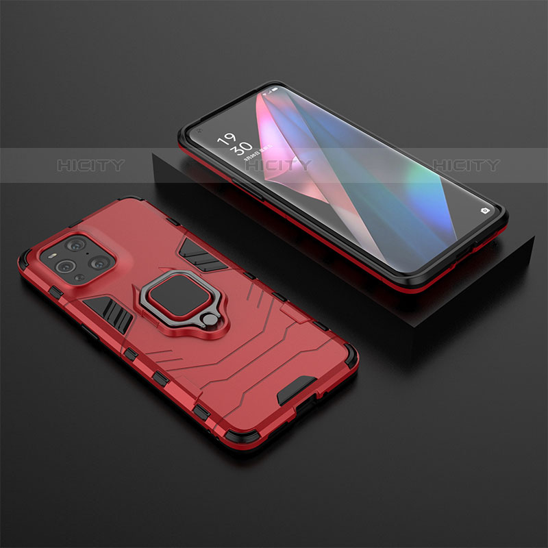 Coque Contour Silicone et Plastique Housse Etui Mat avec Magnetique Support Bague Anneau S02 pour Oppo Find X3 Pro 5G Rouge Plus