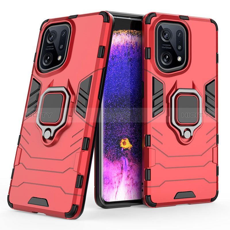 Coque Contour Silicone et Plastique Housse Etui Mat avec Magnetique Support Bague Anneau S02 pour Oppo Find X5 5G Rouge Plus