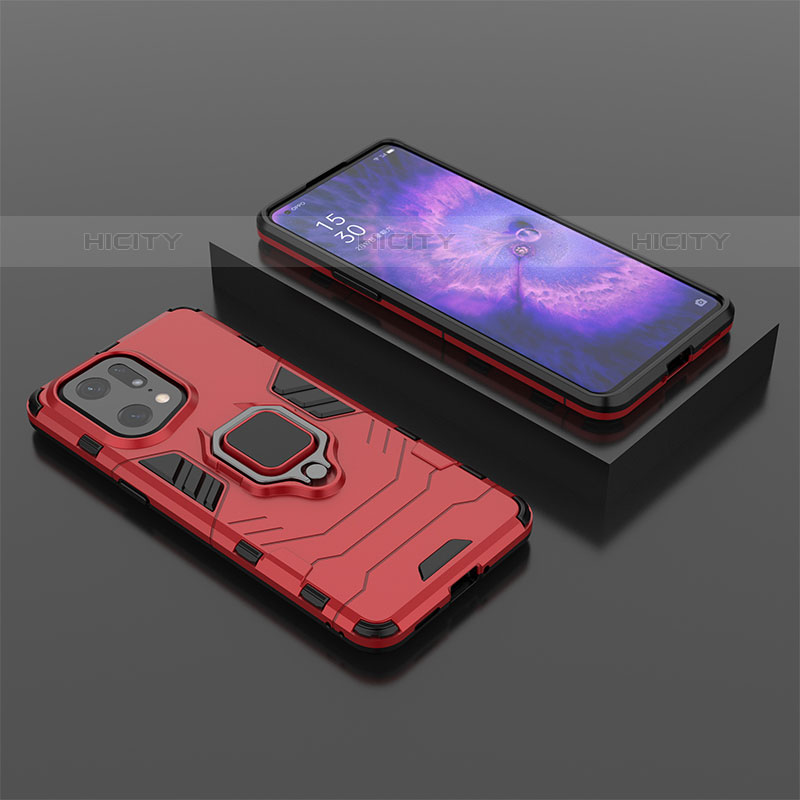 Coque Contour Silicone et Plastique Housse Etui Mat avec Magnetique Support Bague Anneau S02 pour Oppo Find X5 Pro 5G Rouge Plus