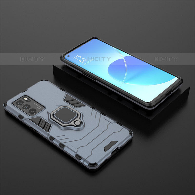 Coque Contour Silicone et Plastique Housse Etui Mat avec Magnetique Support Bague Anneau S02 pour Oppo Reno6 Pro 5G India Bleu Plus