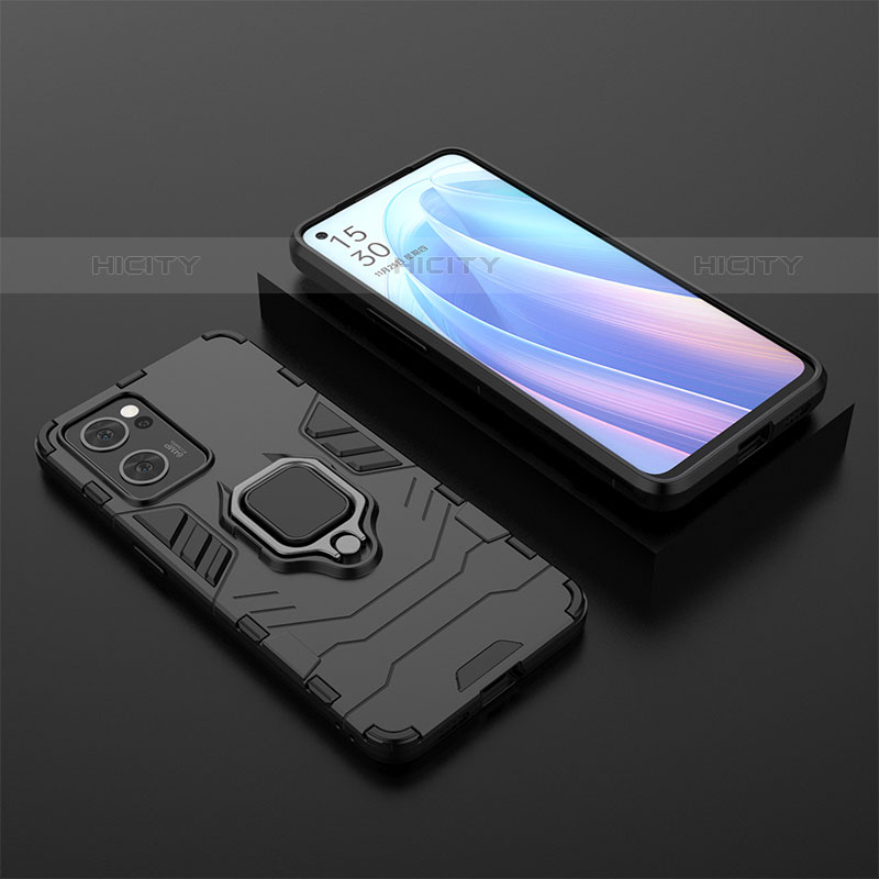 Coque Contour Silicone et Plastique Housse Etui Mat avec Magnetique Support Bague Anneau S02 pour Oppo Reno7 5G Noir Plus