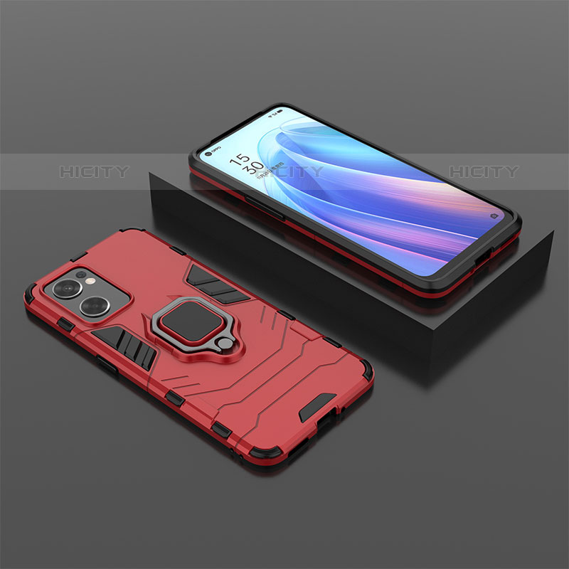 Coque Contour Silicone et Plastique Housse Etui Mat avec Magnetique Support Bague Anneau S02 pour Oppo Reno7 SE 5G Rouge Plus