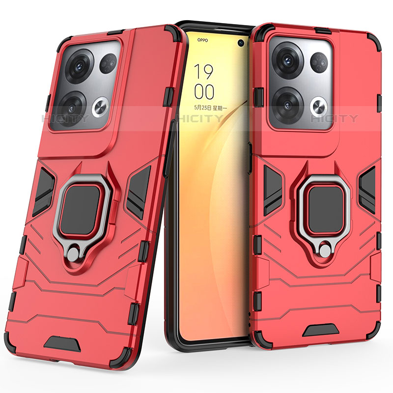 Coque Contour Silicone et Plastique Housse Etui Mat avec Magnetique Support Bague Anneau S02 pour Oppo Reno8 Pro 5G Rouge Plus