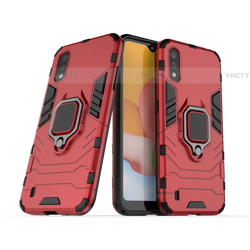 Coque Contour Silicone et Plastique Housse Etui Mat avec Magnetique Support Bague Anneau S02 pour Samsung Galaxy A01 SM-A015 Rouge Plus