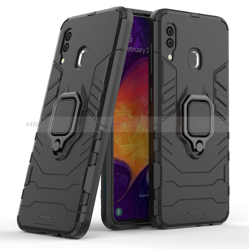 Coque Contour Silicone et Plastique Housse Etui Mat avec Magnetique Support Bague Anneau S02 pour Samsung Galaxy A20 Noir Plus