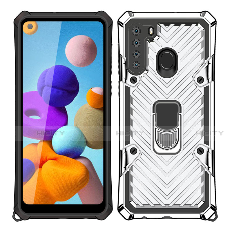 Coque Contour Silicone et Plastique Housse Etui Mat avec Magnetique Support Bague Anneau S02 pour Samsung Galaxy A21 Argent Plus