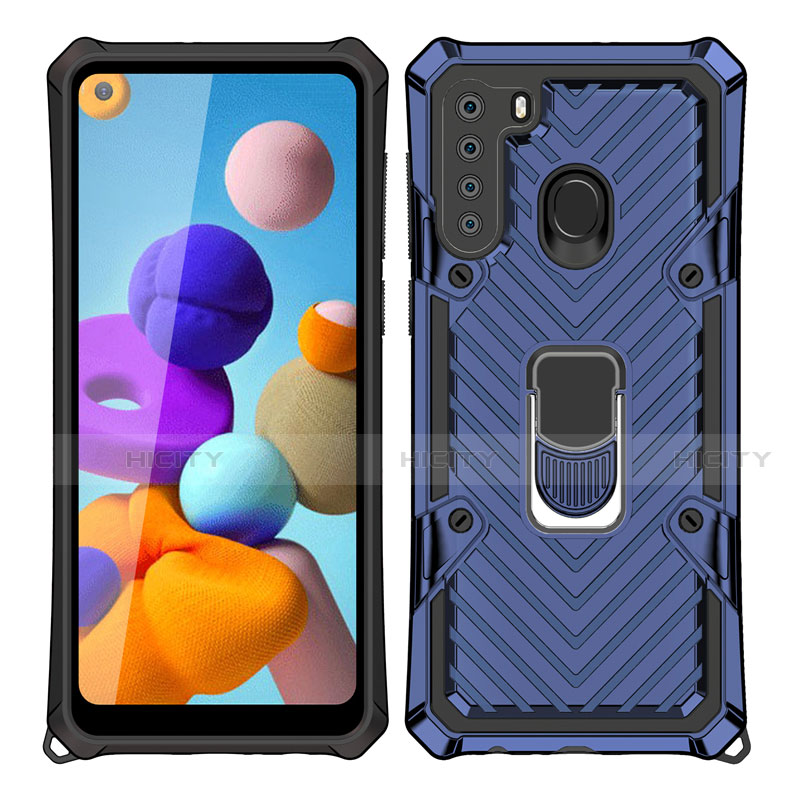 Coque Contour Silicone et Plastique Housse Etui Mat avec Magnetique Support Bague Anneau S02 pour Samsung Galaxy A21 Bleu Plus