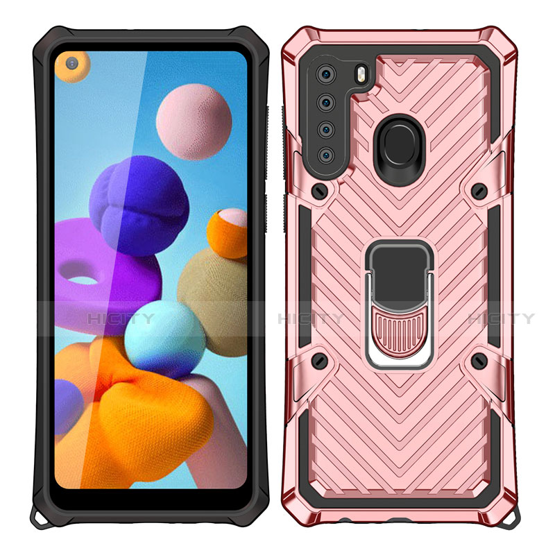 Coque Contour Silicone et Plastique Housse Etui Mat avec Magnetique Support Bague Anneau S02 pour Samsung Galaxy A21 Or Rose Plus