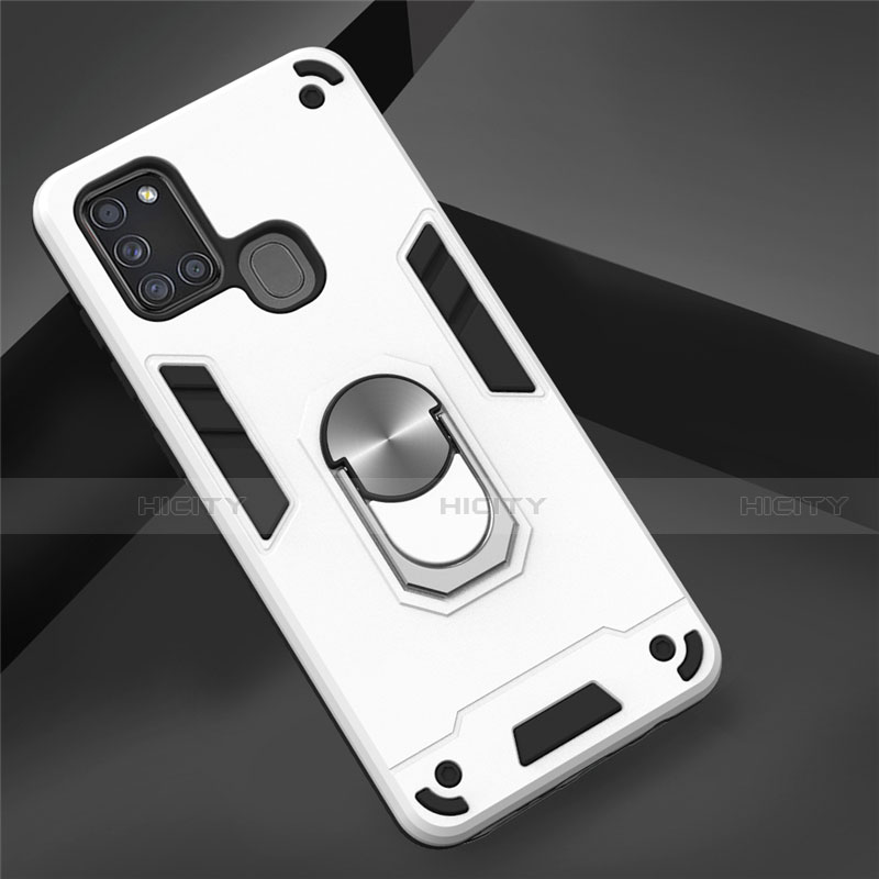 Coque Contour Silicone et Plastique Housse Etui Mat avec Magnetique Support Bague Anneau S02 pour Samsung Galaxy A21s Blanc Plus