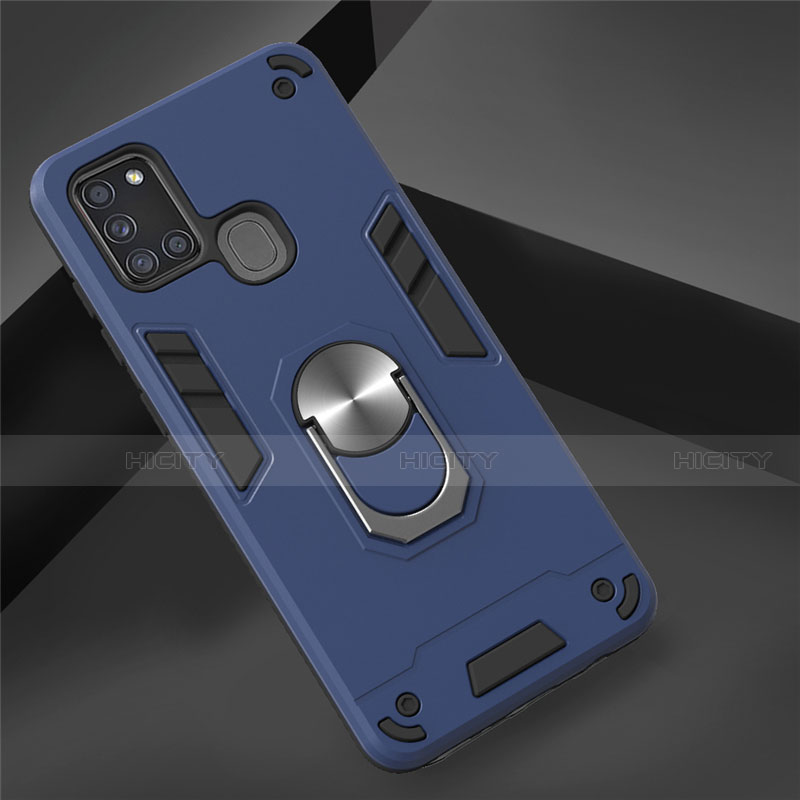 Coque Contour Silicone et Plastique Housse Etui Mat avec Magnetique Support Bague Anneau S02 pour Samsung Galaxy A21s Bleu Plus