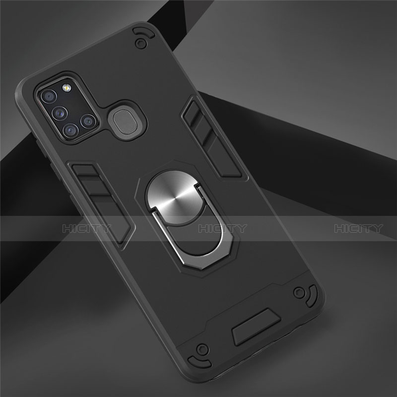 Coque Contour Silicone et Plastique Housse Etui Mat avec Magnetique Support Bague Anneau S02 pour Samsung Galaxy A21s Noir Plus