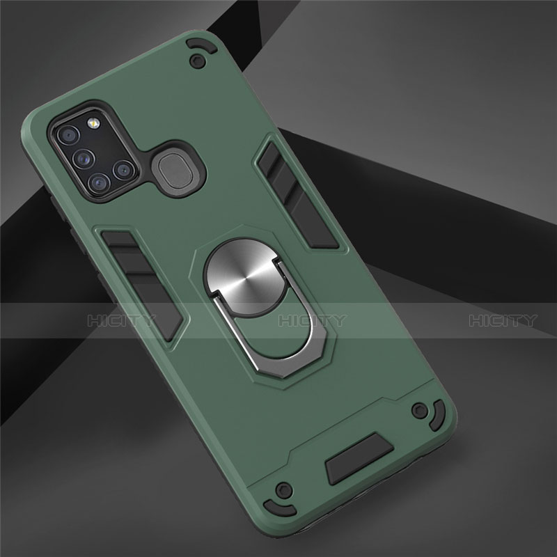 Coque Contour Silicone et Plastique Housse Etui Mat avec Magnetique Support Bague Anneau S02 pour Samsung Galaxy A21s Vert Plus