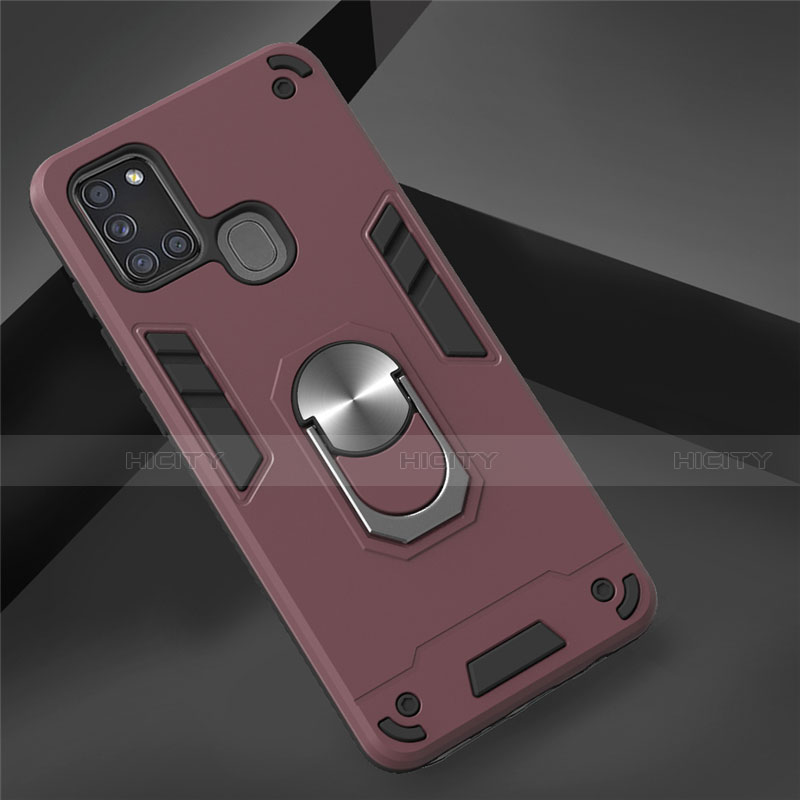 Coque Contour Silicone et Plastique Housse Etui Mat avec Magnetique Support Bague Anneau S02 pour Samsung Galaxy A21s Vin Rouge Plus