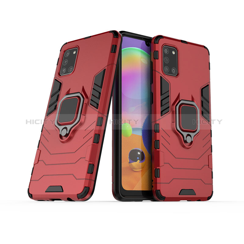 Coque Contour Silicone et Plastique Housse Etui Mat avec Magnetique Support Bague Anneau S02 pour Samsung Galaxy A31 Rouge Plus