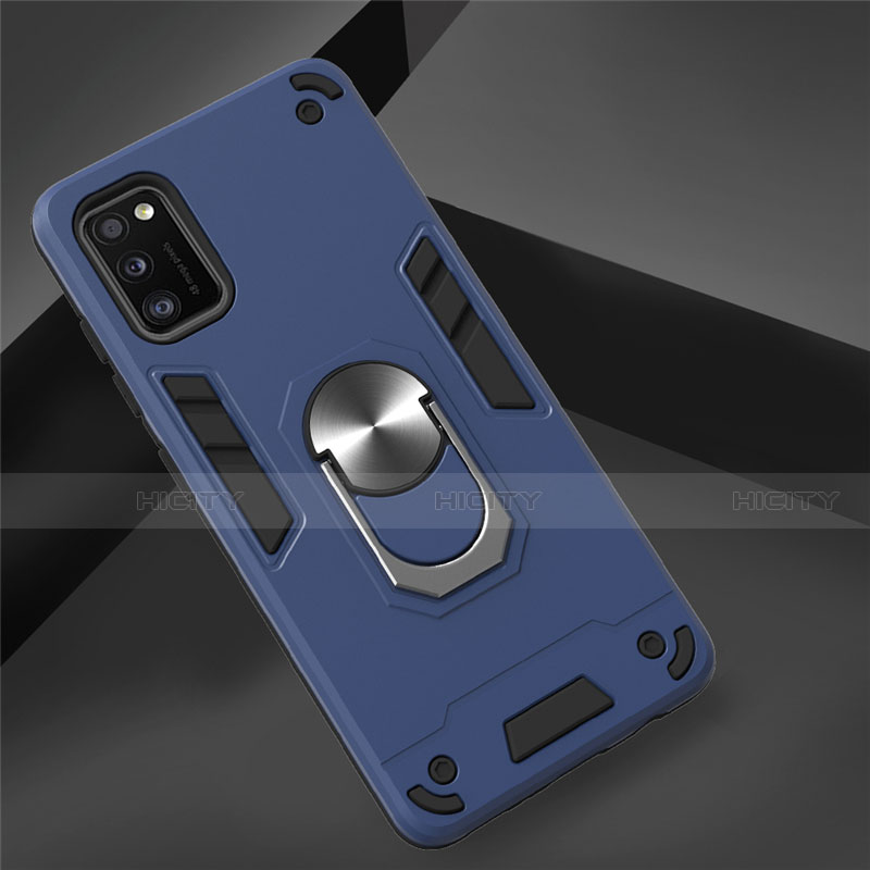 Coque Contour Silicone et Plastique Housse Etui Mat avec Magnetique Support Bague Anneau S02 pour Samsung Galaxy A41 Bleu Plus