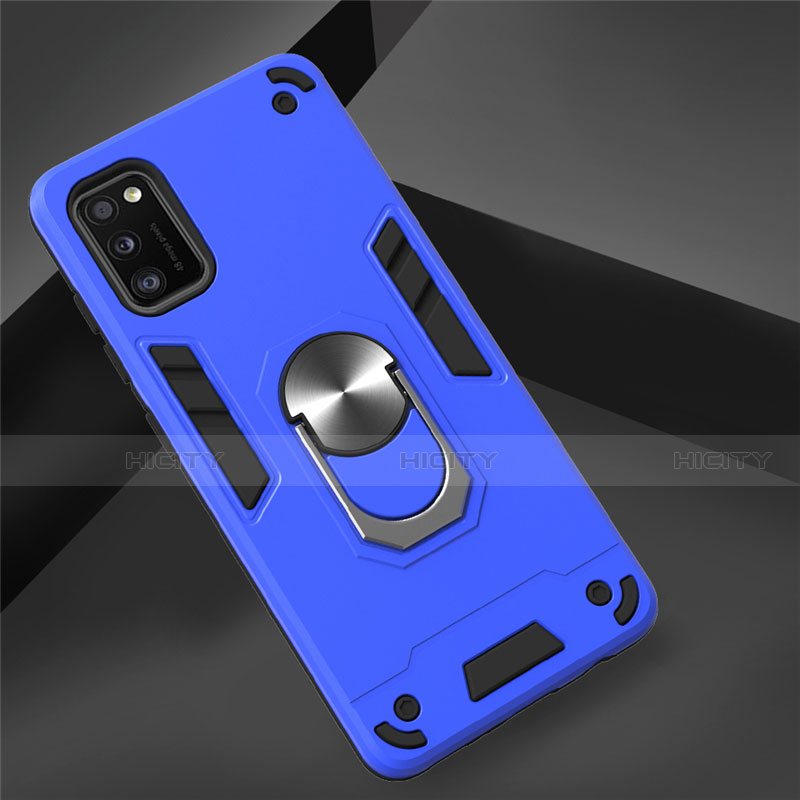 Coque Contour Silicone et Plastique Housse Etui Mat avec Magnetique Support Bague Anneau S02 pour Samsung Galaxy A41 Bleu Ciel Plus