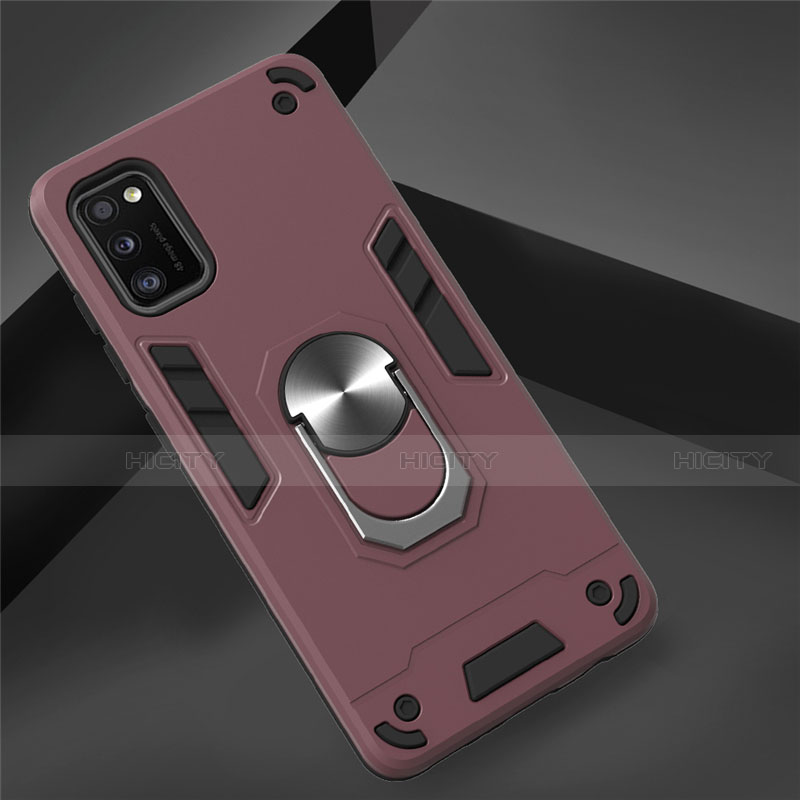 Coque Contour Silicone et Plastique Housse Etui Mat avec Magnetique Support Bague Anneau S02 pour Samsung Galaxy A41 Vin Rouge Plus